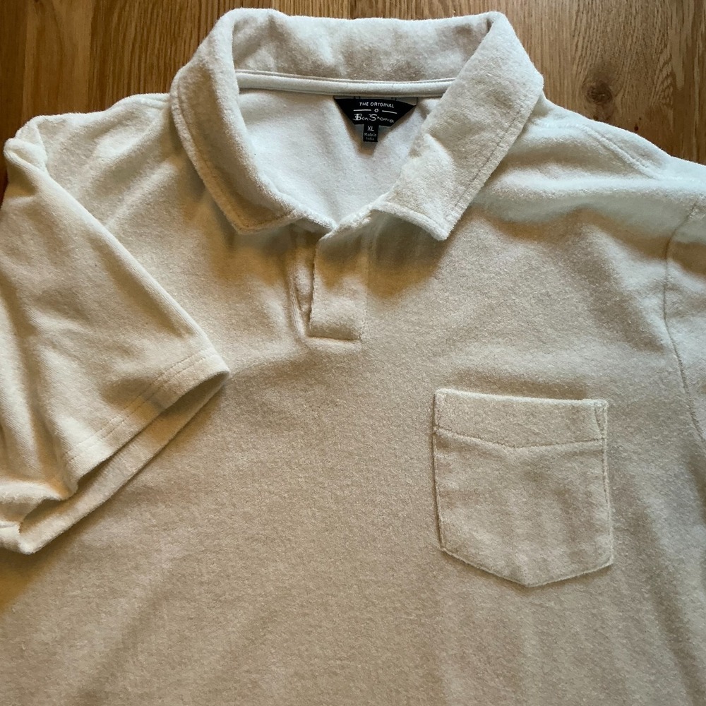 Ben Sherman XL Terry Cloth Polo Shirt White Johnny Collar Pocket